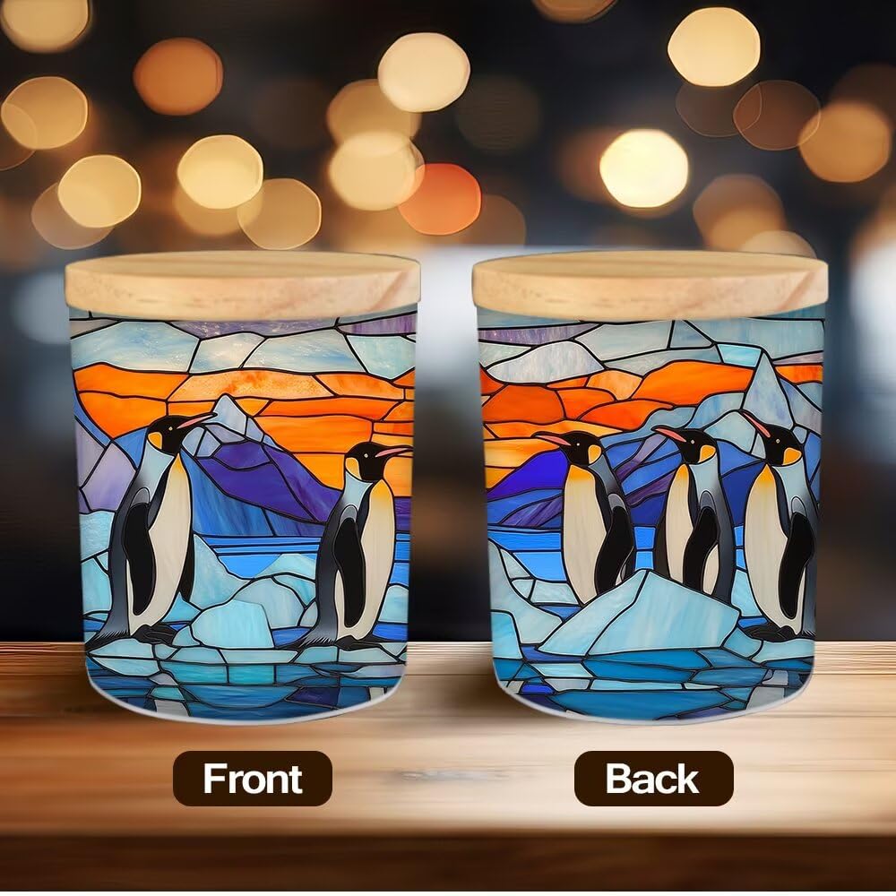 Stained Glass Penguin Tea Light Candle Holders, Arctic Scene Tealight Candle Holder Jar with Wooden Lid, Votive Candlesticks for Table Centerpieces, Christmas,Birthday Party,Home Decor