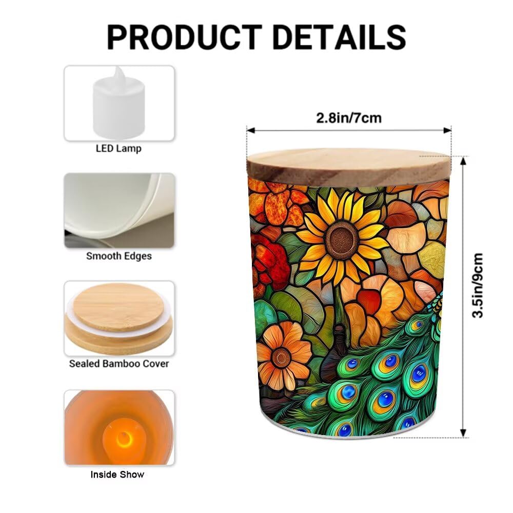 Stained Glass Peacock Tea Light Candle Holders, Thanksgiving Day Tealight Candle Holder Jar with Wooden Lid, Pumpkins Votive Candlesticks for Table Centerpieces, Christmas,Birthday Party