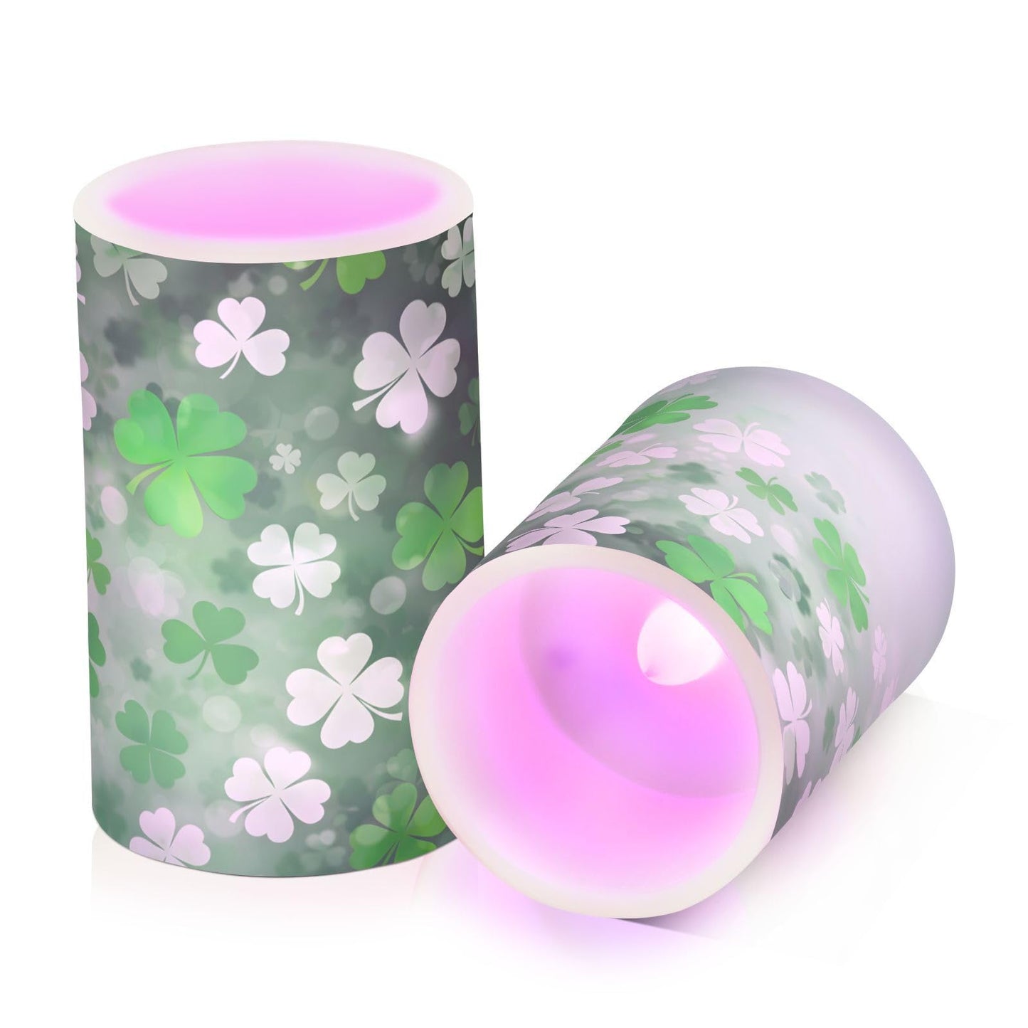 St. Patrick's Day Lights Flameless Candles St Patrick Day White Leaves Pillar Candles Set of 2 Battery Operated Remote Control Warm Lights Home Decor