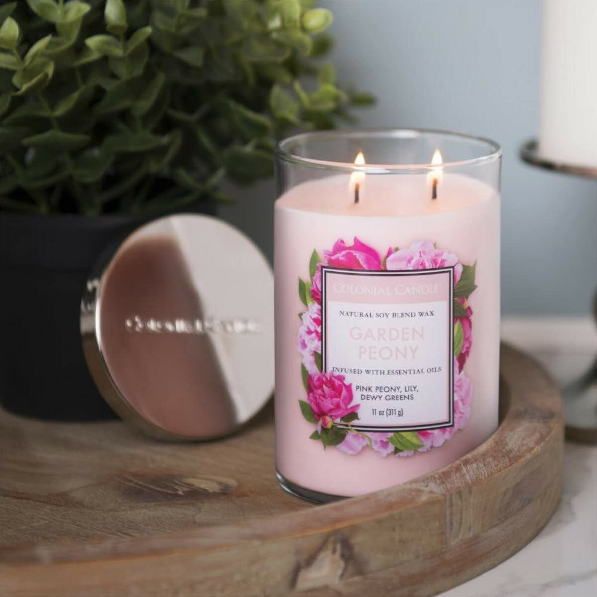 Colonial Candle Garden Peony Scented Jar Candle, Classic Cylinders Collection, 2 Wick, Red, 11 oz - Up to 80 Hours Burn