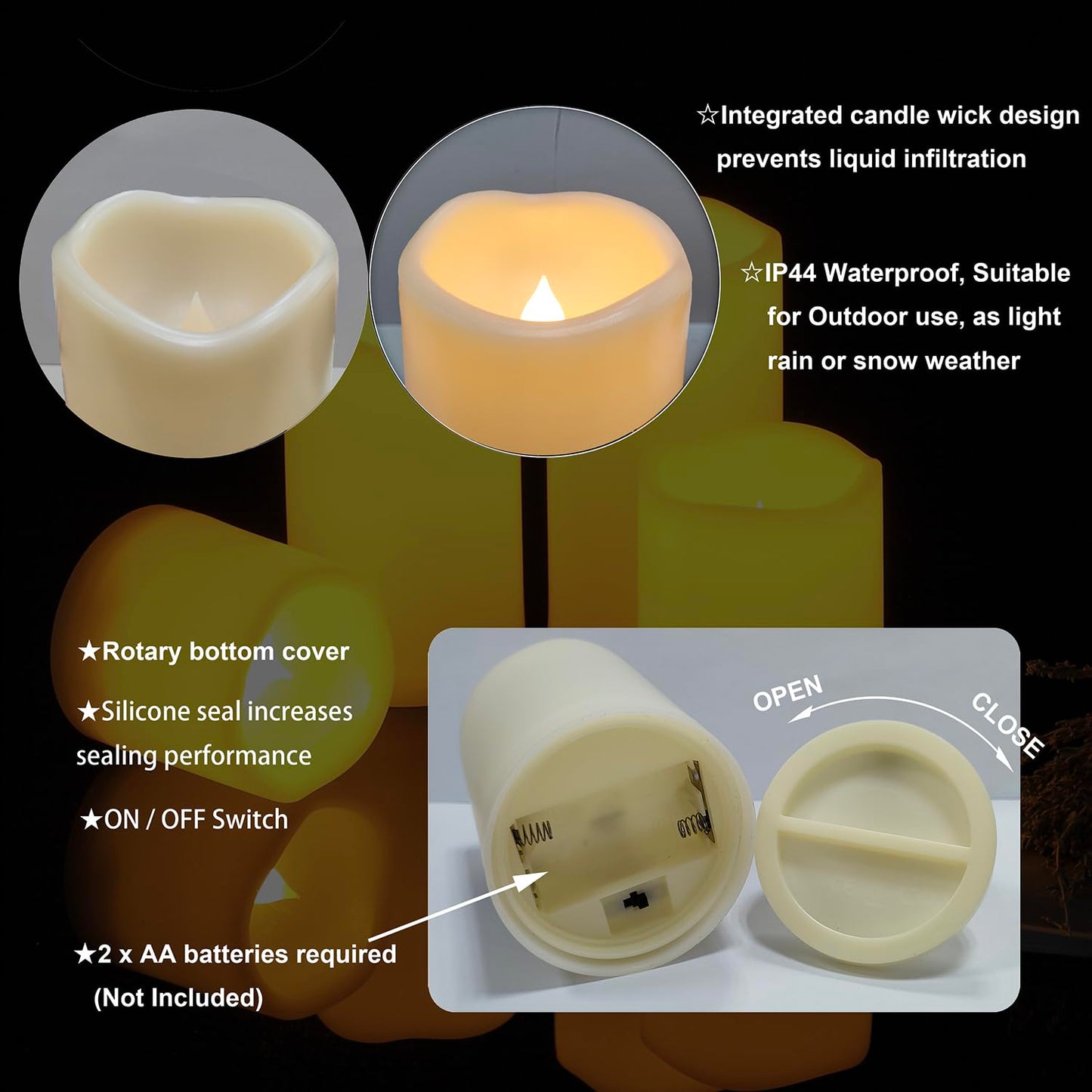iZAN Outdoor Indoor Flameless Candles with Timer Waterproof Plastic Realistic Flickering Battery Operated LED Pillar Candles Long Lasting 1500 Hours Battery Life 3x5 inch Waved Edge 2-Pack