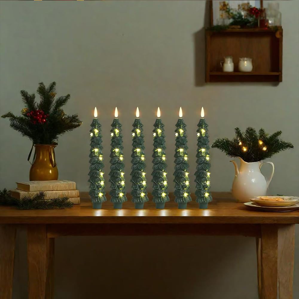 4 Pack Christmas Tree Candles with Remote, 9.4 Inch Plastic flameless Taper Candles with Embedded Star String,LED Battery Operated with 3D Flickering Flame,Window Candle for Christmas Decor