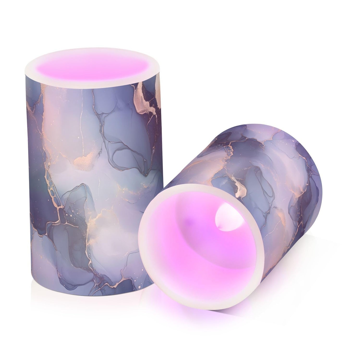 zyrtty 2 Pack Plastic Flameless Candles Abstract Gold Navy Blue Marble Pattern Battery Operated with Remote and Timer Real Wax LED Flickering Pillar Candles Set Window Christmas Holiday Decor