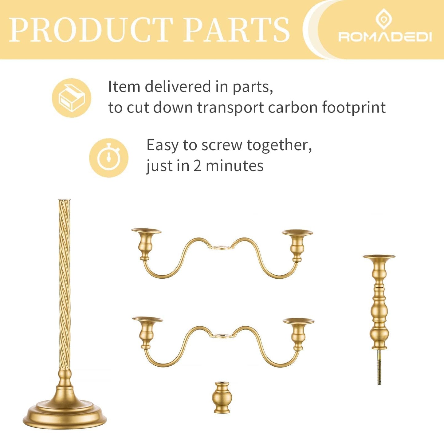 Romadedi Candelabra Gold Candle Stand: 28" Tall 5-Branch Candlestick Holder for Wedding Centerpiece Decor Christmas Holiday Event Reception Decoration,2Pcs