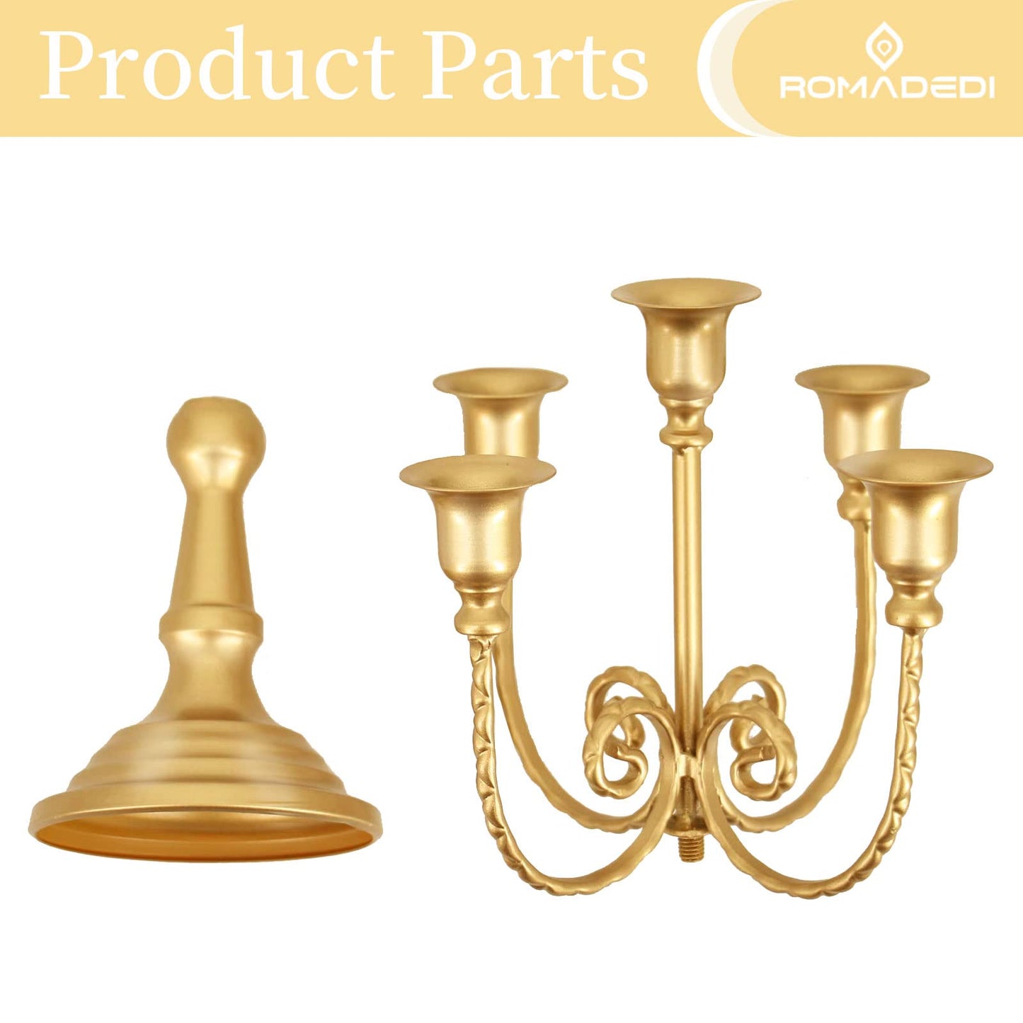 Romadedi Candelabra Gold Candle Holders - 5 Arm 11.8" Wedding Candlestick Holder for Theme Party Table Centerpiece Decor Dining Room Birthday Holiday Christmas, Set of 6