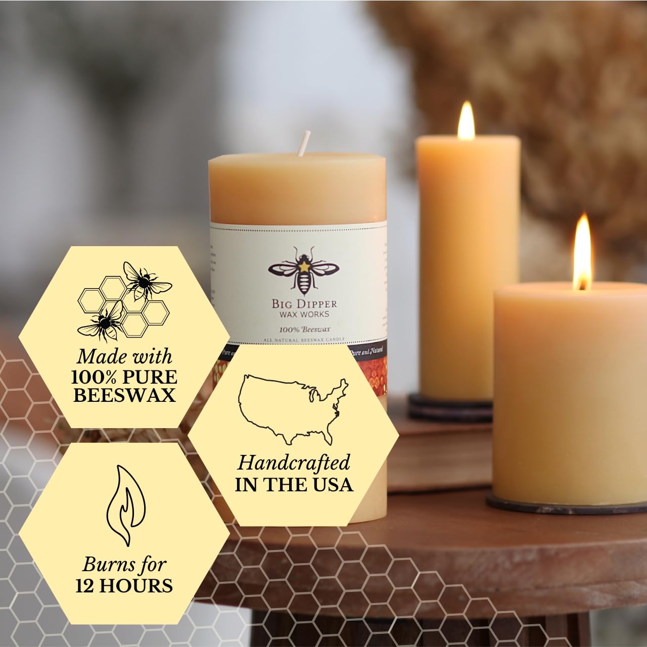 Big Dipper Wax Works 100% Pure Beeswax Pillar Candles (1 Pack) – 3" x 6" Handmade in USA, Long Burning Clean Soot-Free, Natural Honey Aroma, Eco-Friendly Cotton Wick, Home Décor & Meditation