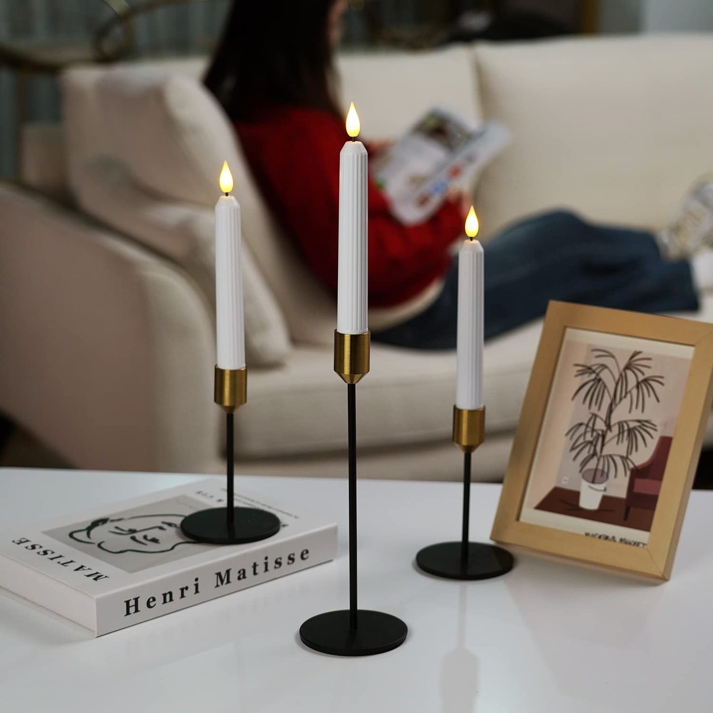 5plots White Flameless Taper Candles with Remote, Timer, Roman Column Led Taper Candles Battery Operated, Led Candlesticks with 3D Flame, Floating Flickering Candles for Halloween Christmas Decor