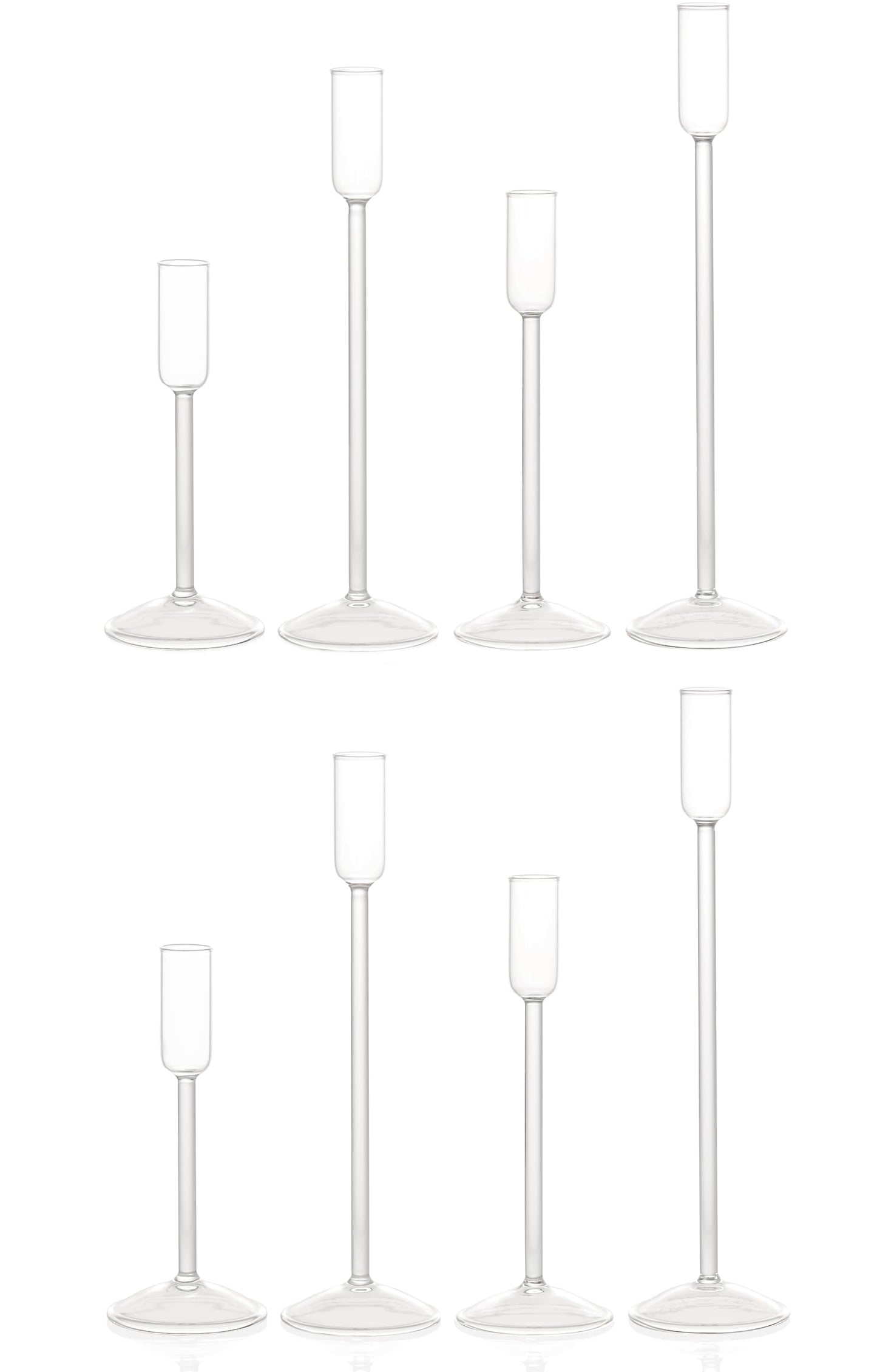 Willceka Candle Holder, Glass Taper Candle Tall Candlestick Holder, 4 Different Heights, for Table Centerpiece, Wedding, Party, Clear, 8pcs