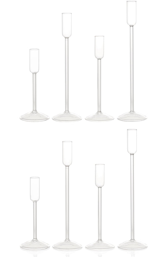 Willceka Candle Holder, Glass Taper Candle Tall Candlestick Holder, 4 Different Heights, for Table Centerpiece, Wedding, Party, Clear, 8pcs