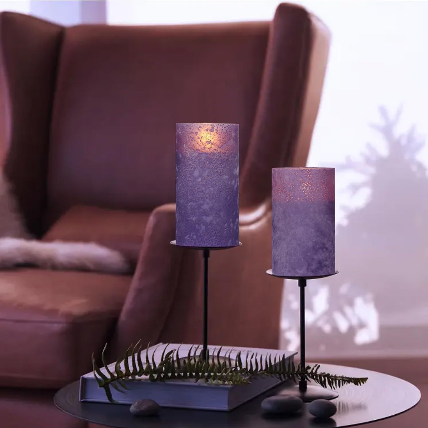 ANGELLOONG Purple LED Candles for Home Decor, Glass Flameless Candles with Remote, Set of 3 Battery Operated Pillar Candle for Fall Halloween Decoration