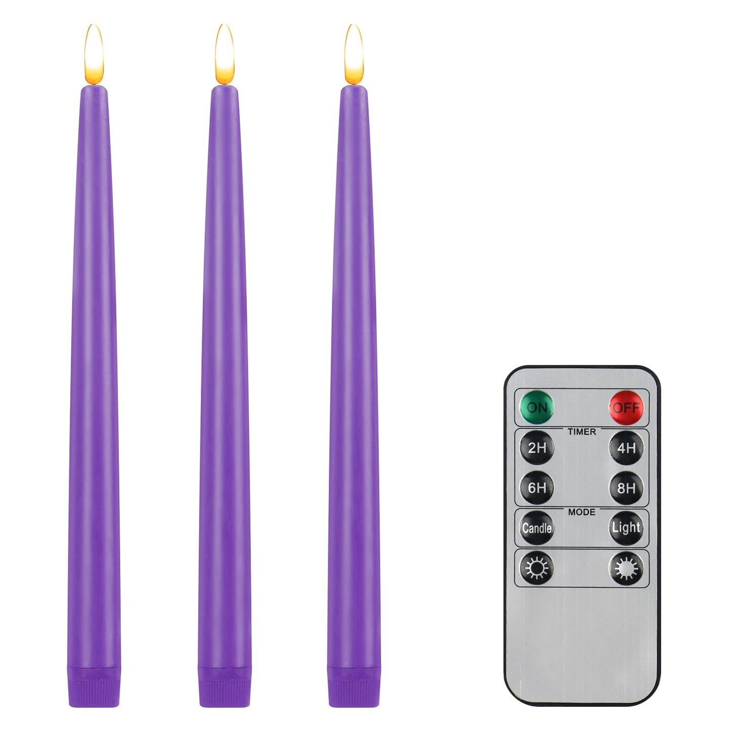 CVHOMEDECO. Flameless Taper Candles with 10-Key Remote, Battery Operated Led Flickering 3D Wick Window Candles Real Wax Finished Home Christmas Party Decor 0.78 x 11 Inch, Pack of 3, Purple