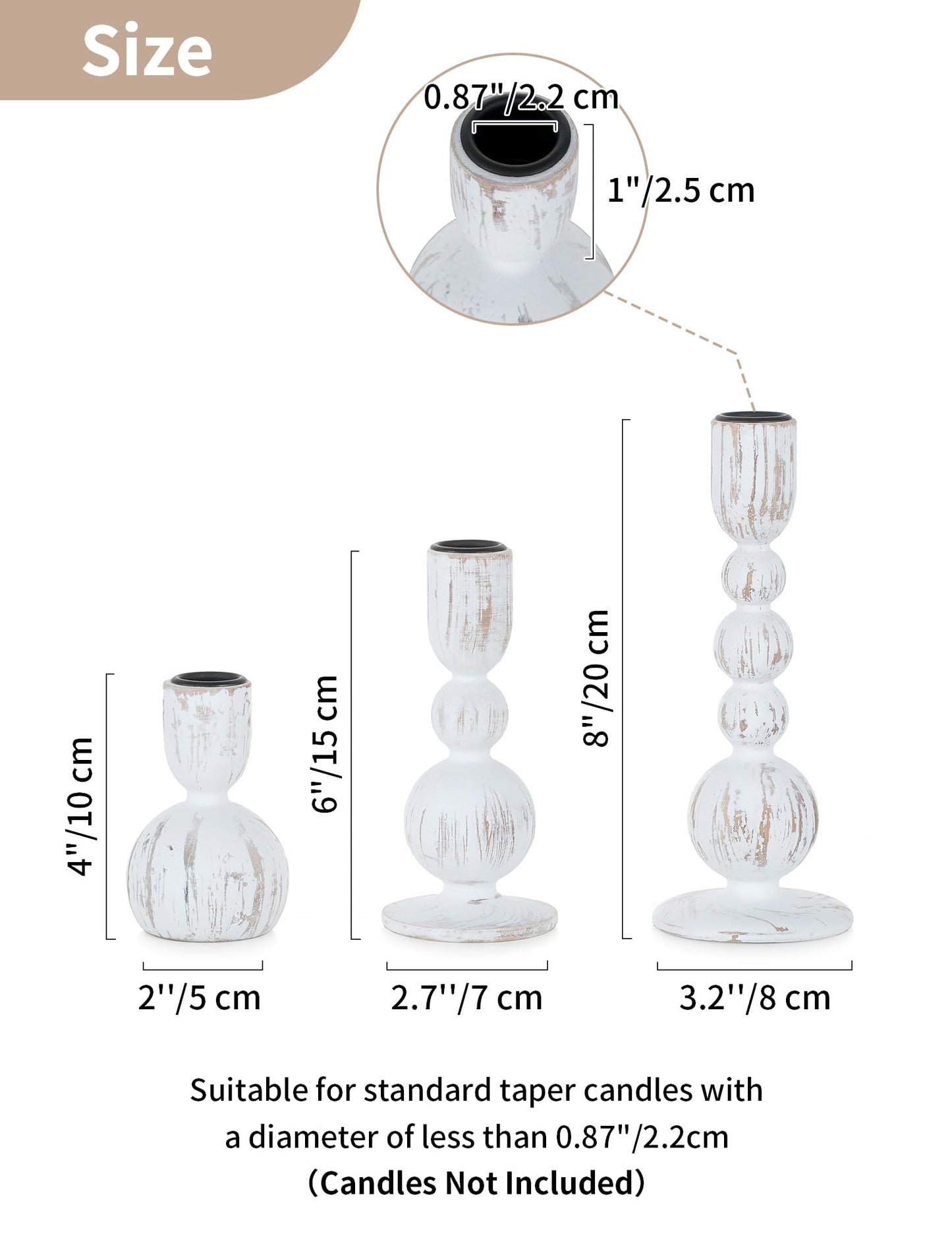 NUPTIO Taper Candle Holders Decor: Set of 3 Wooden Candlestick Holders Mantel Decor - Boho Farmhouse Rustic White