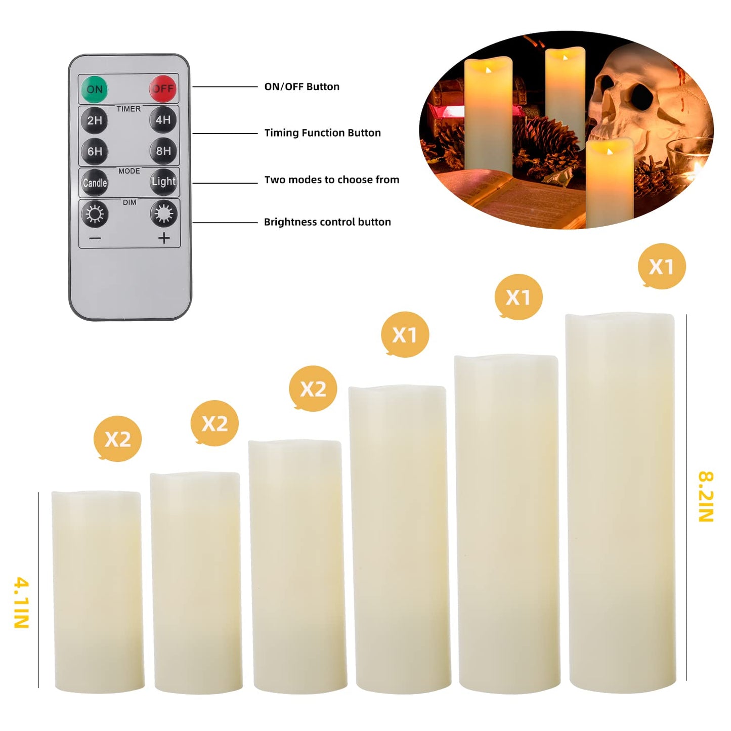 Biyanuo Flameless Battery Operated Led Candles-Set of 9(H 4" 5" 6" 7" 8" 9" x D 2.2") Real Wax Flickering Pillar LED Electric Candles with 10-Key Remote and 24 Hours Timer Ivory