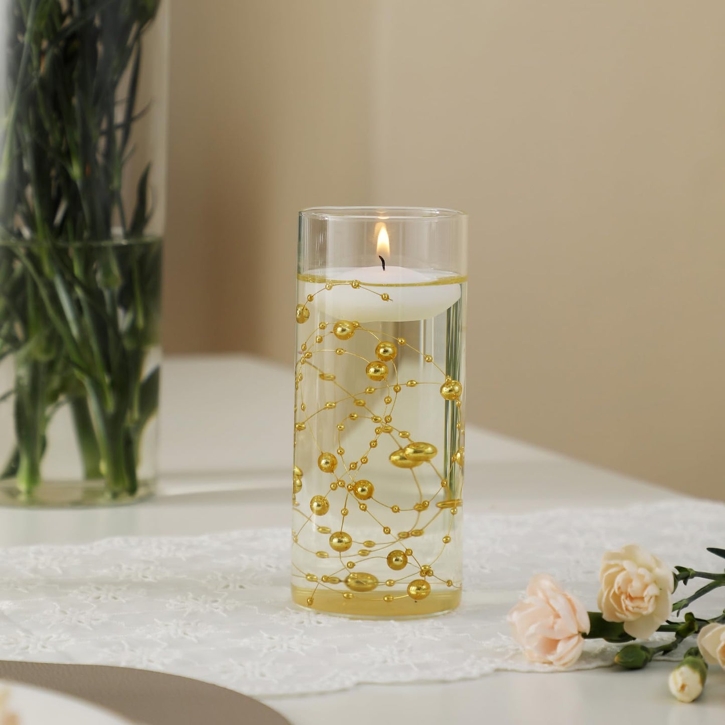PNJHDZ Set of 3 Glass Cylinder Vases for Centerpieces with 2 Pack Vase Filler 3 Pearl String 6 White Floating Candles for Centerpieces, Table Center Pieces for Wedding Party Home Decor 5, 6, 8 Inch