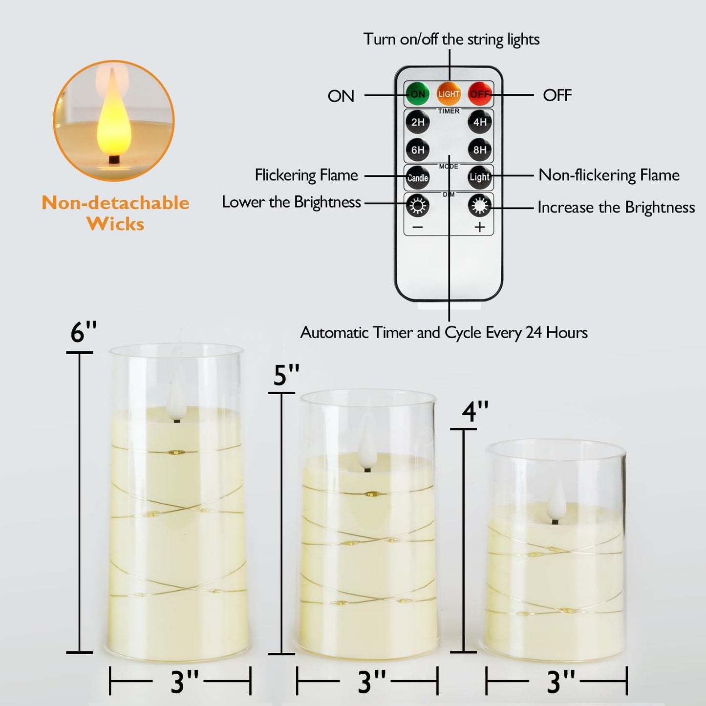 Amagic LED Flameless Candles, Battery Operated Candles with Embedded Fairy Lights, Acrylic Fake Candles with Remote and Timer for Wedding Home Decor, Ivory White, Set of 3, D3 x H4 5" 6"