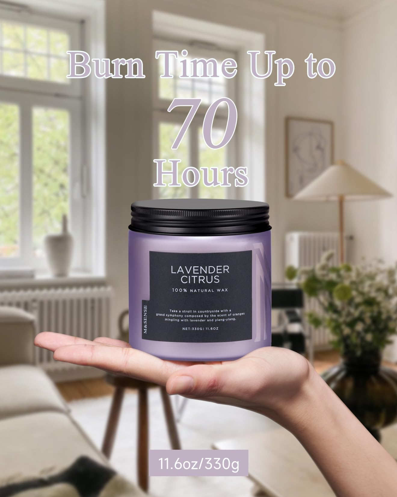 M&SENSE Lavender Citrus Home Scented Candles, 11.6oz Natural Soy Wax, 70 Hours Long Burning, Organic Candles Non Toxic, Aromatherapy Smelling for Mom, Home Fragrance for Meditation Relaxation