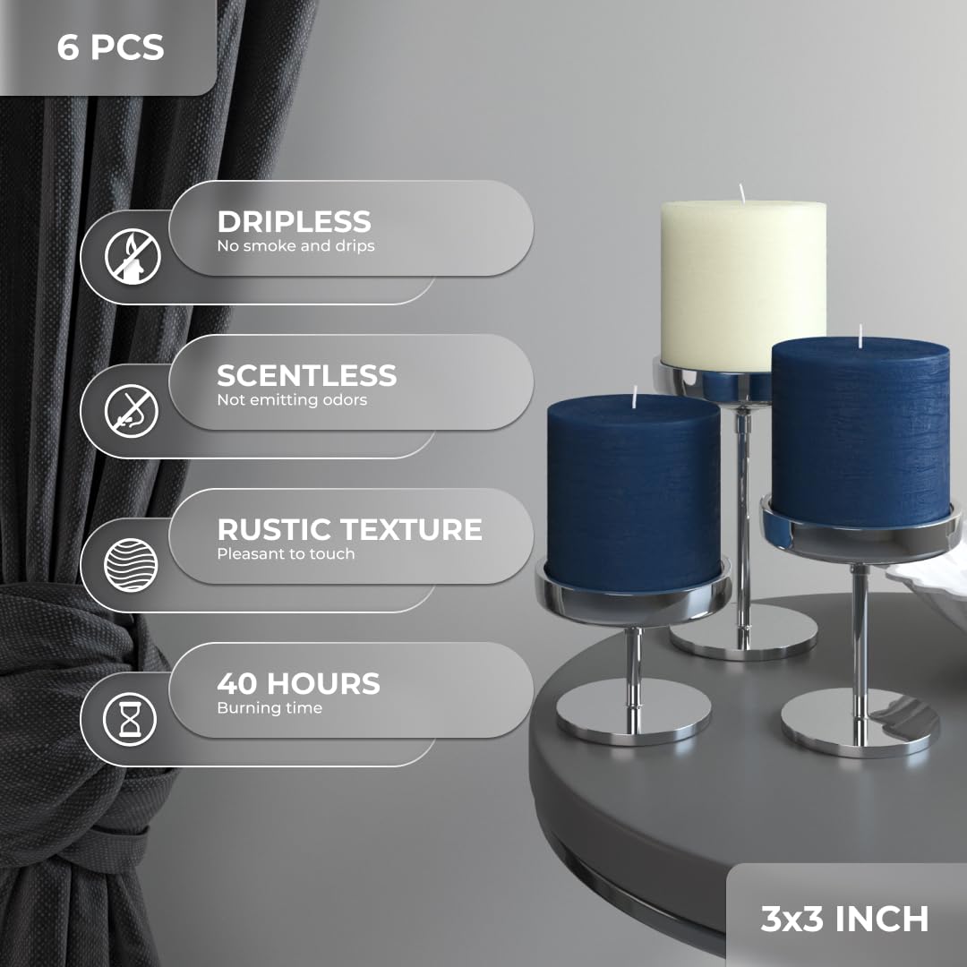 CANDWAX 3x3 Inch Dark Blue and Ivory Pillar Candles Bundle - 3 Dark Blue and 3 Ivory Candles - Unscented Decorative Candle - 6 Pack
