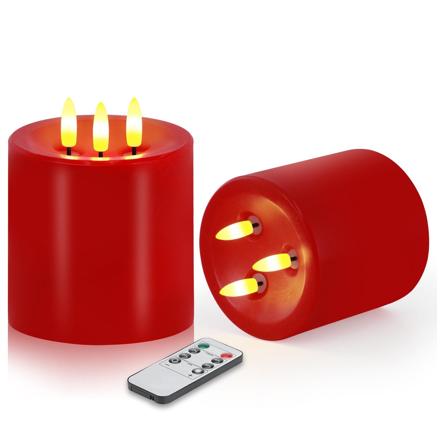 VEEKI Large 3 Wick Flameless Candles Set of 2, 4"x4" Flickering Flameless Candles with Remote & Timer, Dimmable Real Wax LED Candles Battery Operated, Electric Pillar Candles for Home Christmas Decor