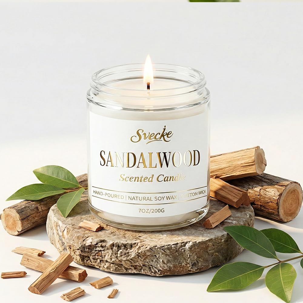 SVECKE Sandalwood Scented Candle 7oz Soy Wax Jar Candle Long Burning Aromatherapy Candle for Home Bedroom Gift for Women Men Housewarming New Home Gift