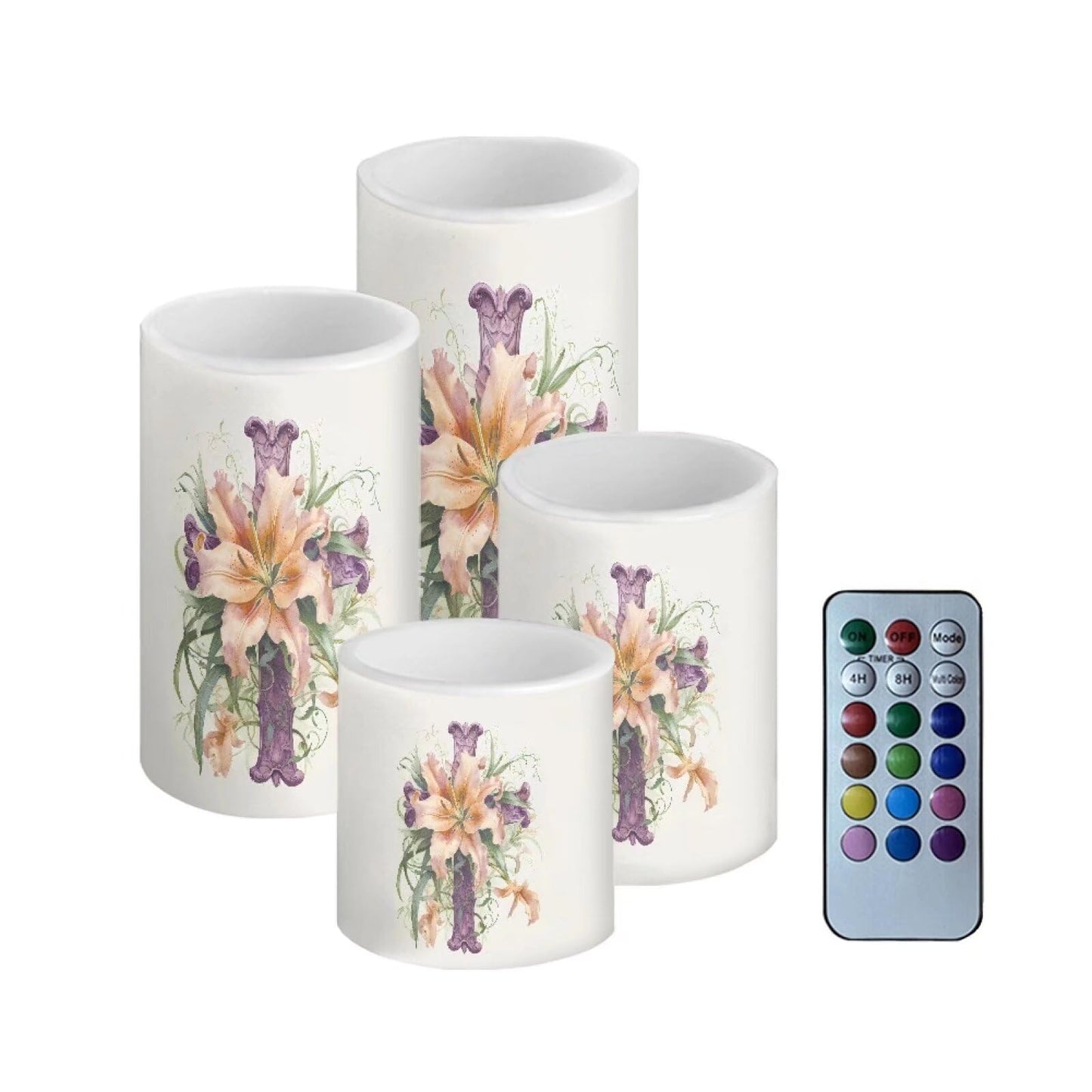 NETILGEN Easter Day Lily Flowers Print Flameless LED Candles Electric Candles with Remote Timer Control Long Lasting Pillar Candles Home Decoration Pack of 4