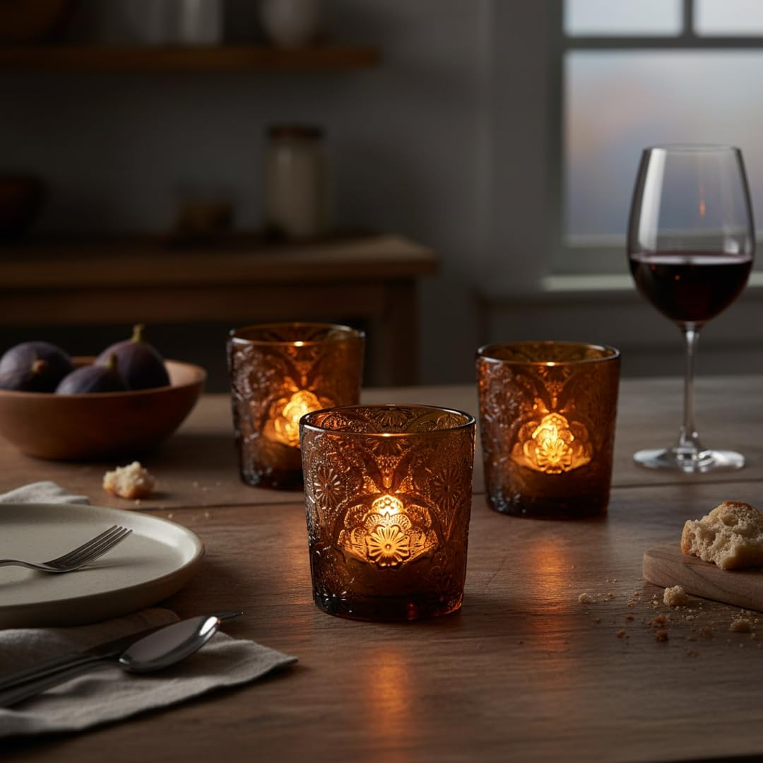6 Pack Mandala Embossed Glass Candle Holders – Votive Tealight Holders with Patent Design, Decorative Embossed Glass Cups for Wedding Centerpieces, Parties, and Home Décor (Chestnut Brown)
