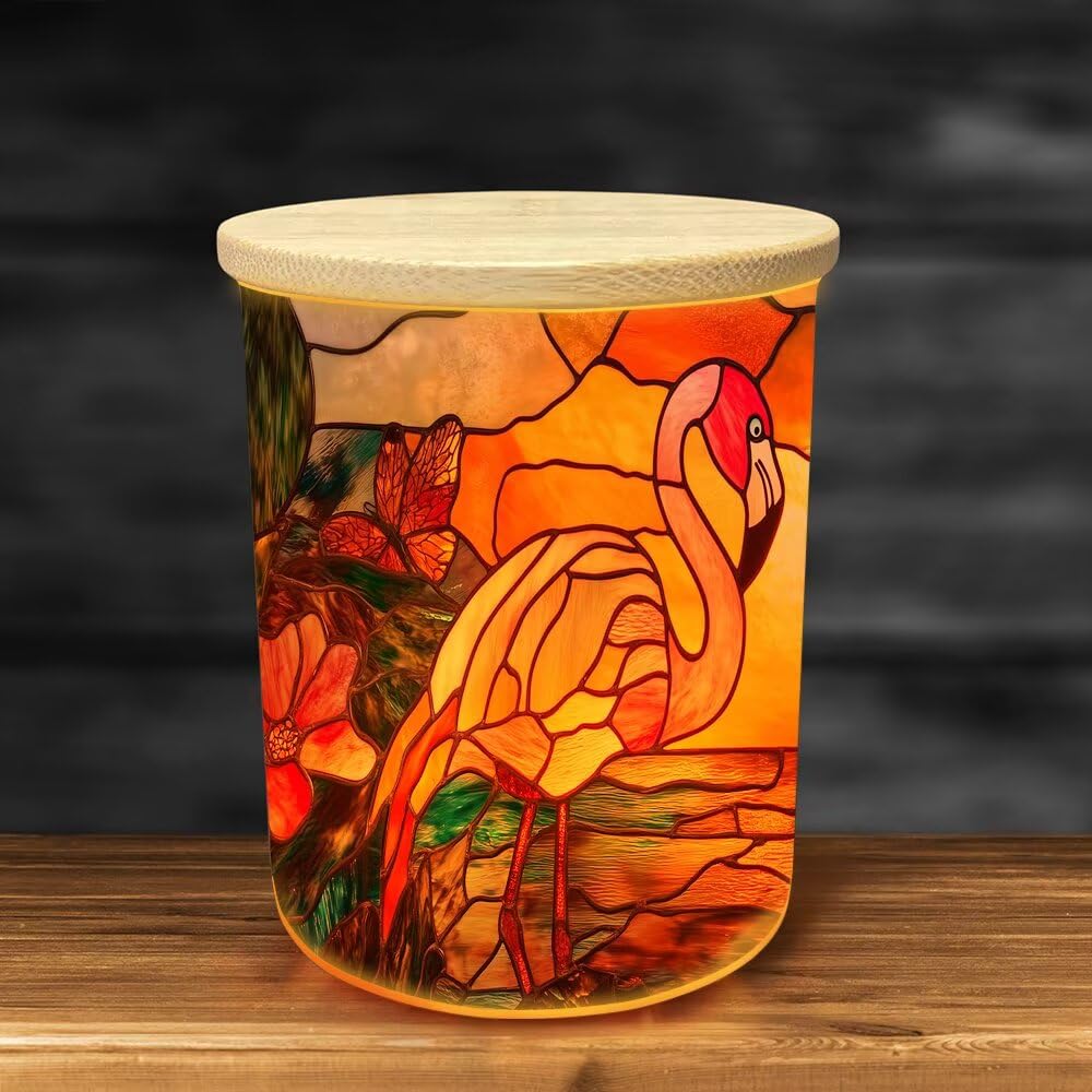 Stained Glass Flamingos Tea Light Candle Holders, Beach Butterfly Tealight Candle Holder Jar with Wooden Lid, Votive Candlesticks for Table Centerpieces, Christmas,Birthday Party,Home Decor