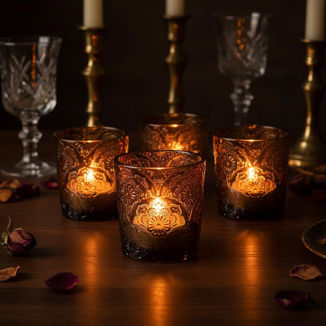 12 Pack Mandala Embossed Glass Candle Holders – Votive Tealight Holders with Patent Design, Decorative Embossed Glass Cups for Wedding Centerpieces, Parties, and Home Décor (Chestnut Brown)