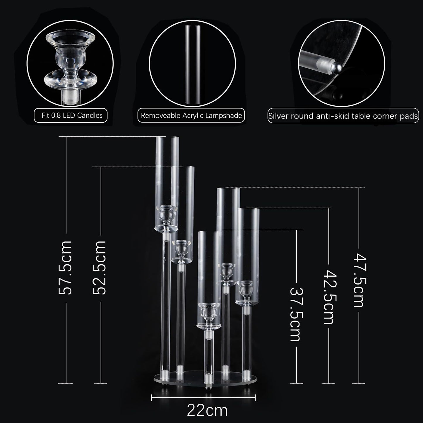 4PCS 5 Arm Acrylic Candelabra for Table Wedding Centerpiece,Crystal Clear Candle Stick Holders Candelabra Centerpiece Stands with Removable Lampshade for Party Easter Baby Shower Fit 0.8 LED Candle