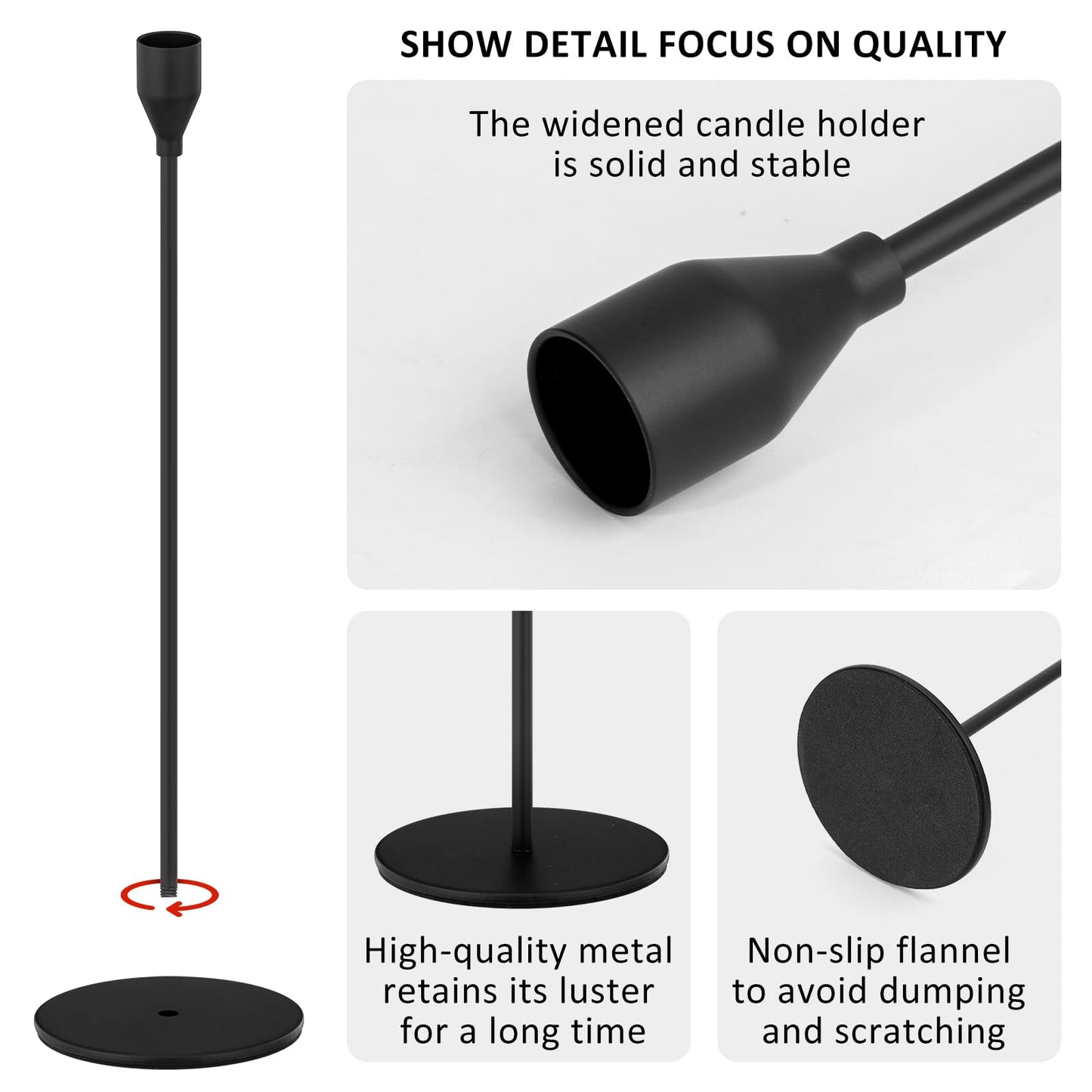 Black Taper Candle Holders, Candlestick Holders, Candle Holders with 3 in 1 Candle Accessory Set, Metal Candle Stand for Mantle Table Centerpiece, Weddings, Dining, Housewarming(Set of 6)