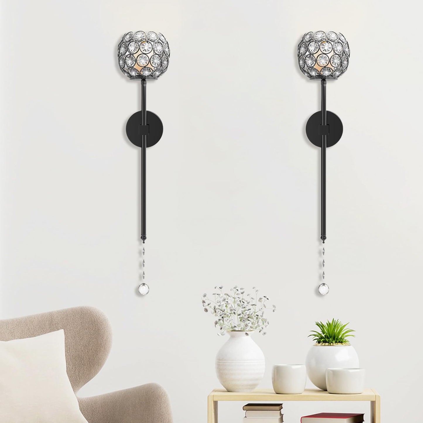 Crystal Candle Sconces for Wall Decorative Candle Holder Sconce Wall Art Home Decor for Bedroom Living Dining Room, Set of 2-Black