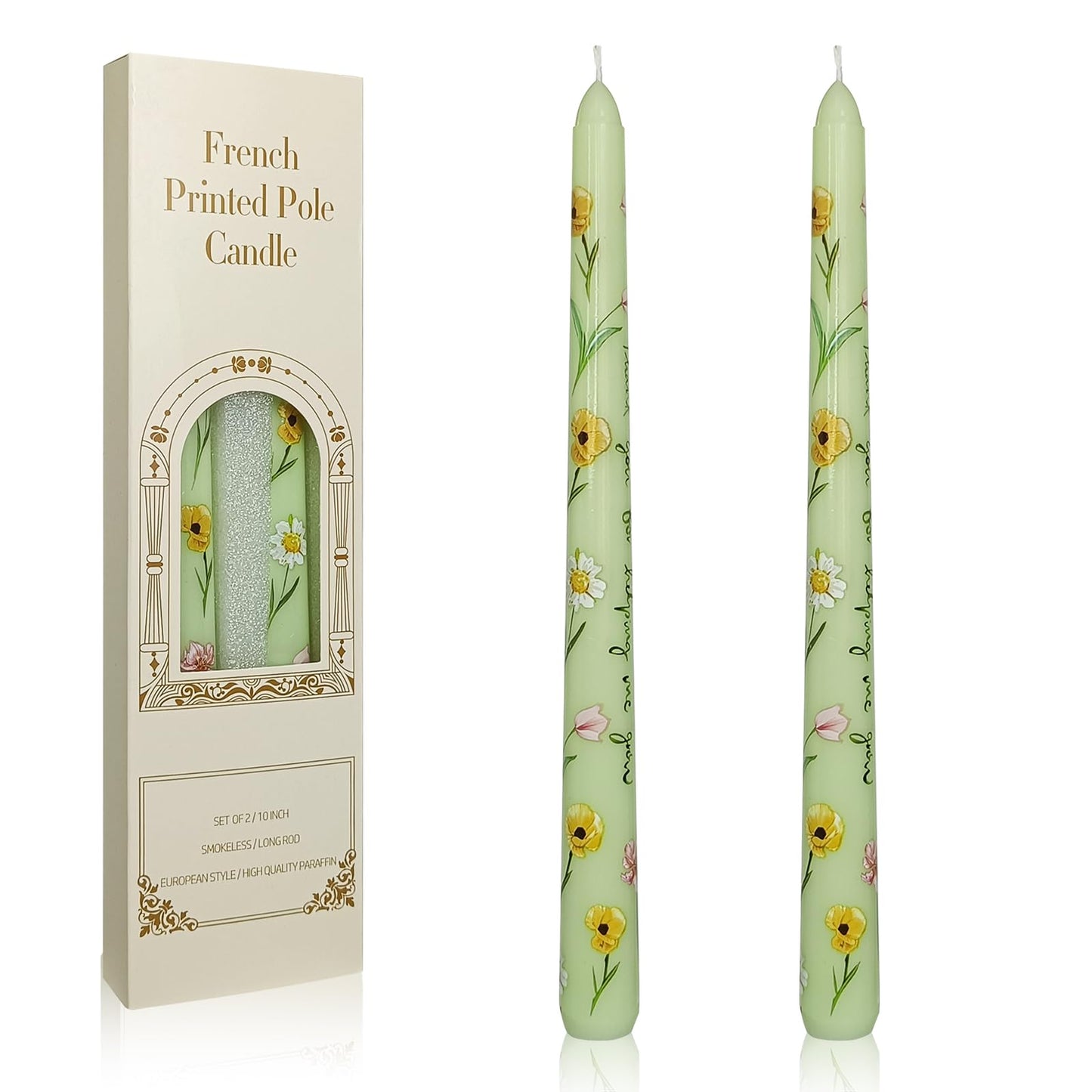 Floral Taper Candles 10 Inch Tall Unscented Handmade Light Green Corn Poppy Print Long Burning Elegant Candlesticks for Wedding Dinner Home Decor