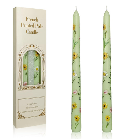 Floral Taper Candles 10 Inch Tall Unscented Handmade Light Green Corn Poppy Print Long Burning Elegant Candlesticks for Wedding Dinner Home Decor