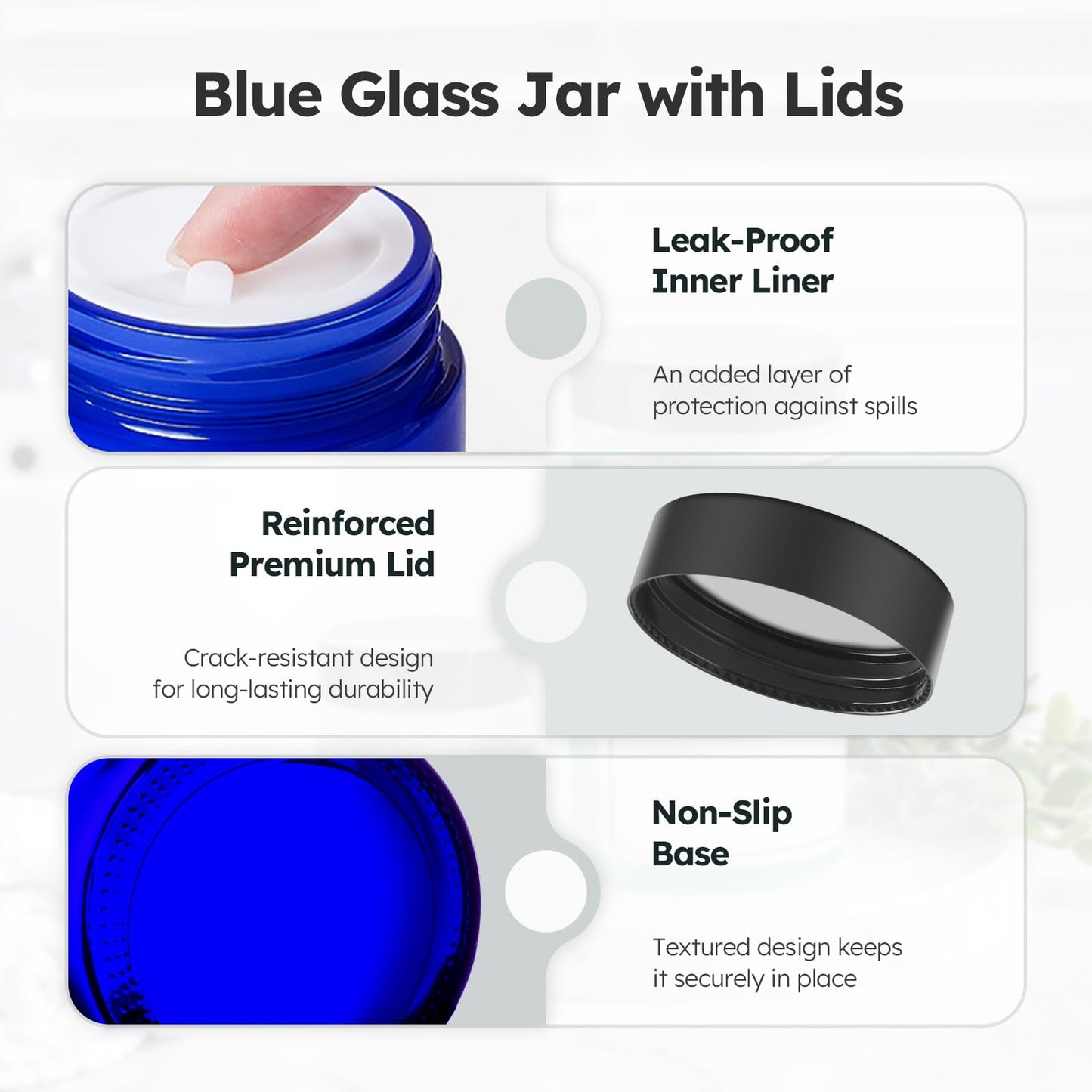 4 oz Glass Jars with Lids, 24 Pack Blue Small Glass Jars with Black Lids Leakproof Round Airtight Empty Cosmetic Travel Containers with Inner Liners For Lotions Powders and Candle Making