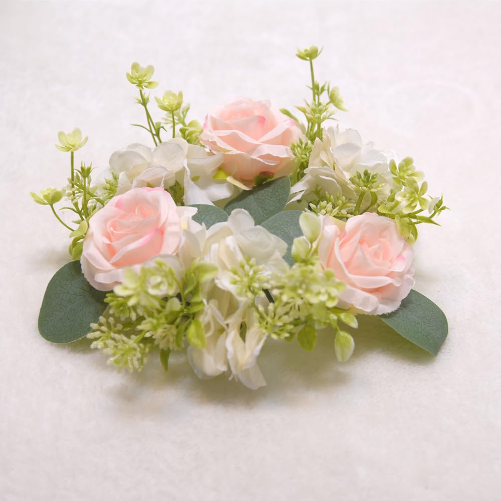4 Pcs Candle Rings Wreaths,Artificial Hydrangea Wreath Candles Wreaths for Pillars Christmas Wedding Home Table Party Decoration (Pink)