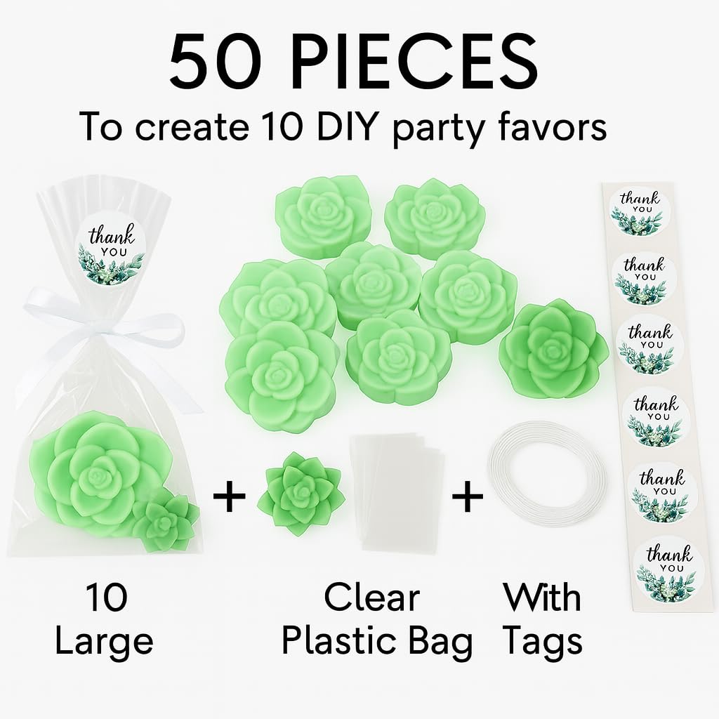 DIY Succulent Shaped Soap Favor Kit – 20 Green Cactus Blossom Scented Soaps with 10 Thank You Stickers, 10 Clear Cello Bags, and White Ribbons – Perfect for Baby Showers, Bridal Showers, Wedding