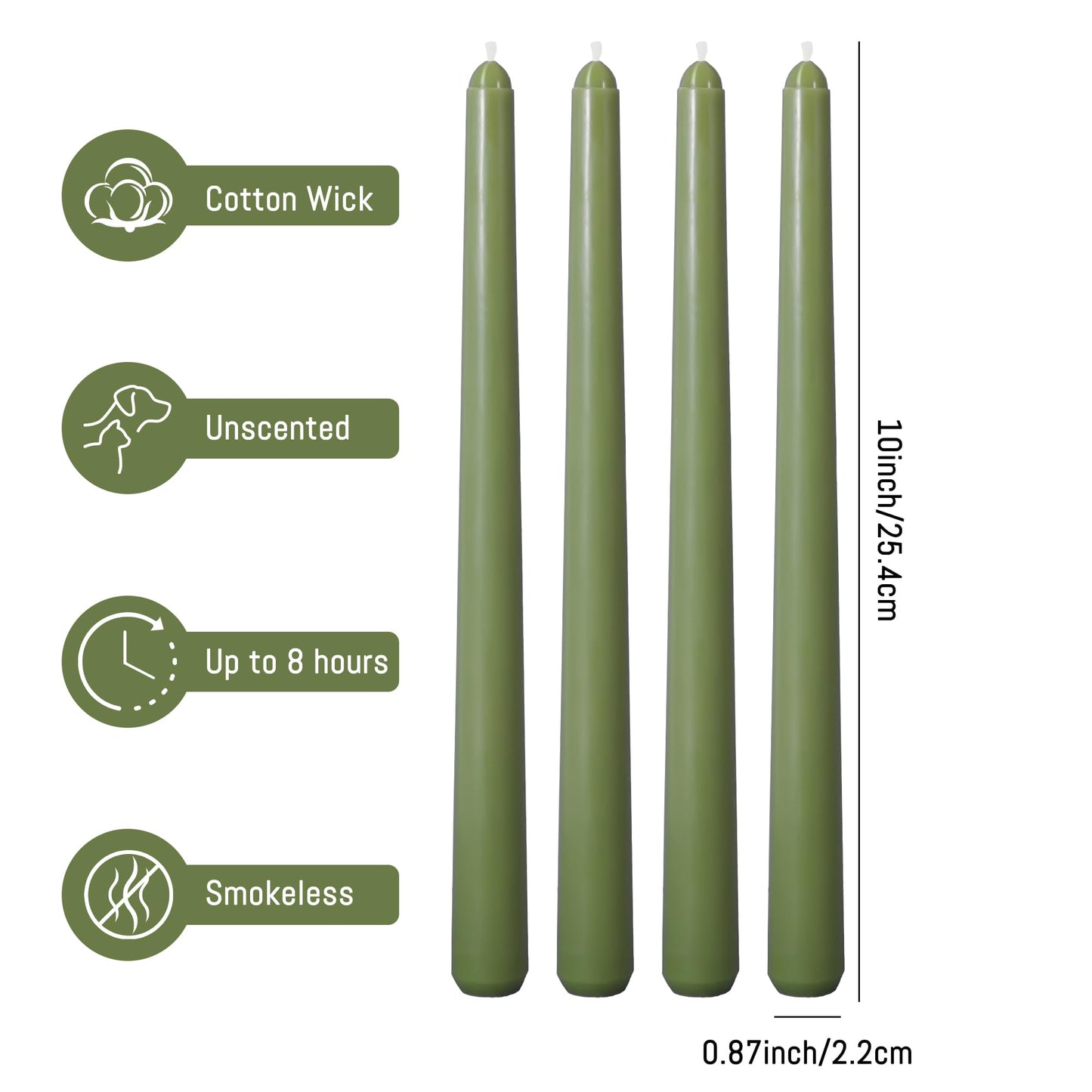 Viyffo Taper Candles, 10 Inch, 20 Pack, Olive Glow – Unscented, Dripless & Smokeless Design, Up to 8 Hour Burn – Long Tall Taper Candlesticks for Wedding, Dinner & Home Decor