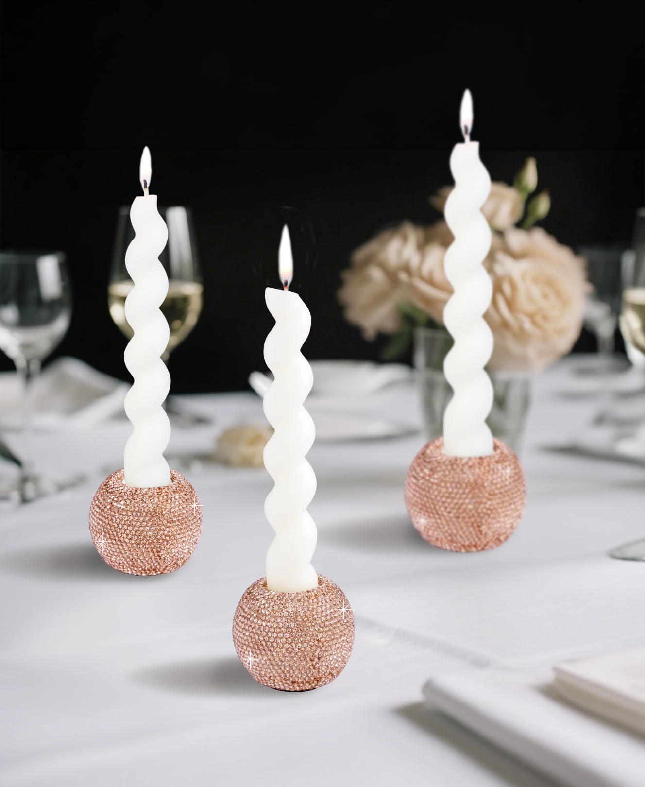 Vixdonos Round Resin Rhinestones Candlestick Holders Set of 3 Ceramic Candle Holder Bulk for Taper Candles,Rose Gold