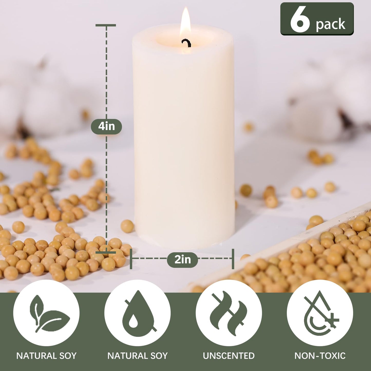6 Pack White Soy Pillar Candles, 210 Hours Handmade Unscented Pillar Candles Natural Soybean Candle for Home, Wedding, Smokeless & Dripless, Party, Spas, Dinner-2x4in