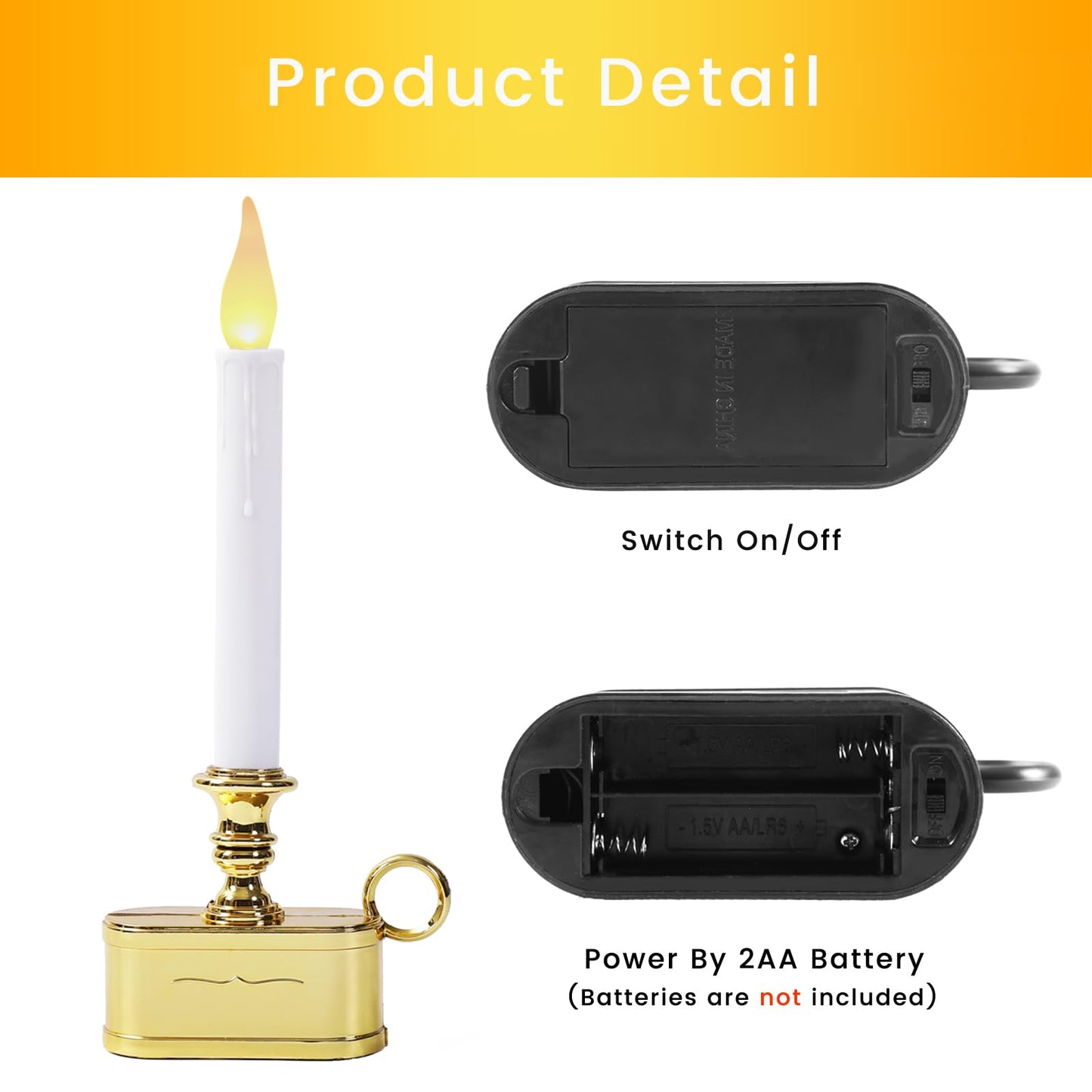 LitTerra Window Candles 2AA Battery Operated with Timer 8 Hours On and 16 Hours Off Led Warm White with Flicker Flame (Gold Base) Battery Not Included