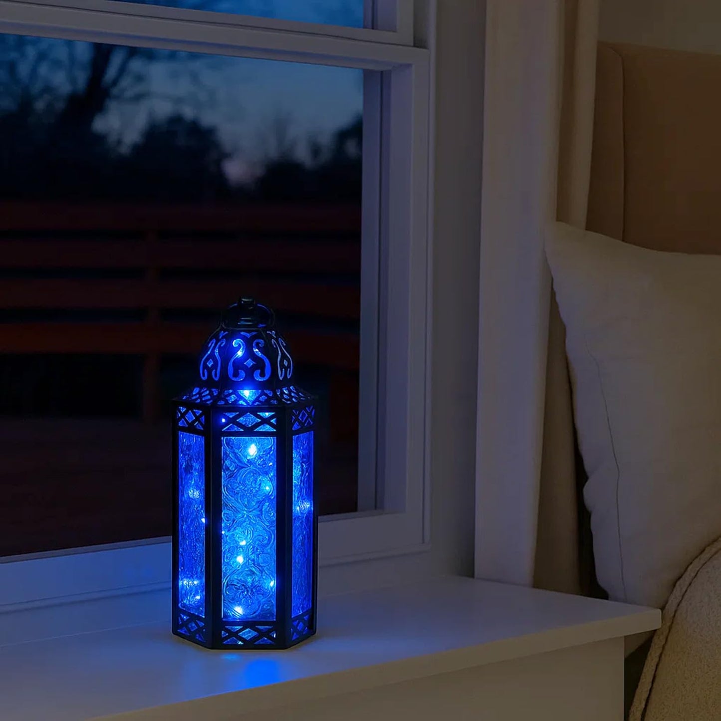 Vela Lanterns Decorative Indoor Moroccan Candle Holder & LED Fairy Lights -Twinkle Turkish Lamp, Fantasy Home Decor Table Centerpieces, Hanging Outdoor Patio Porch Wedding Ramadan (10.5", Blue)