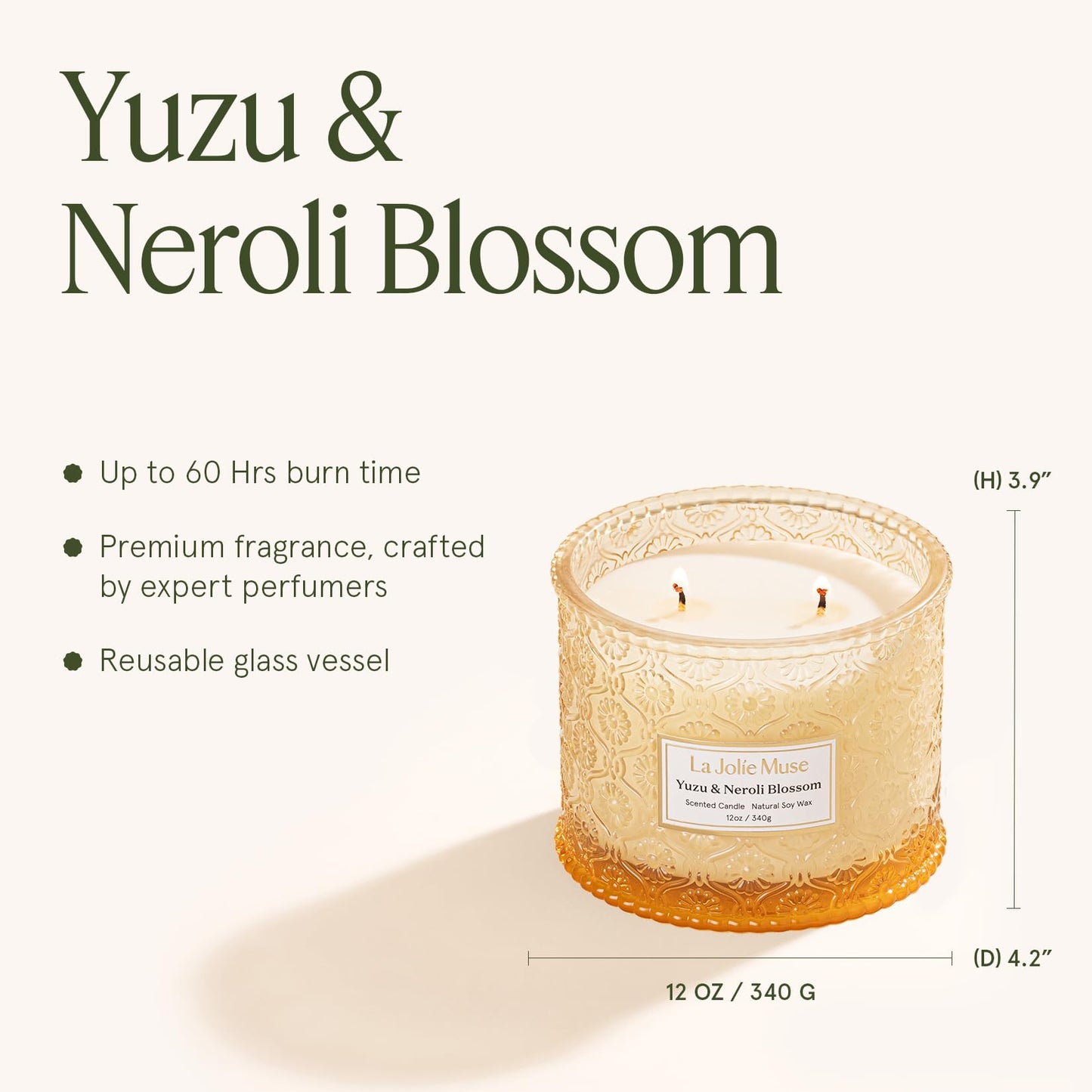 LA JOLIE MUSE Yuzu & Neroli Scented Candles for Home | 2-Wick Non Toxic Natural Soy | Luxury Large Jar Candle Gifts for Women | Citrus Orange |12 oz