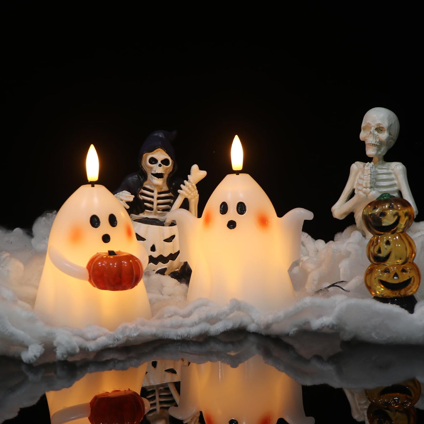 DRomance Halloween Ghost Flameless Candles with Timer Real Wax Battery Operated White LED Flickering Pillar Candles Hand Painted Looking Dinner Spooky Halloween Decor(2 Pack, 3.5" D x 5" H)
