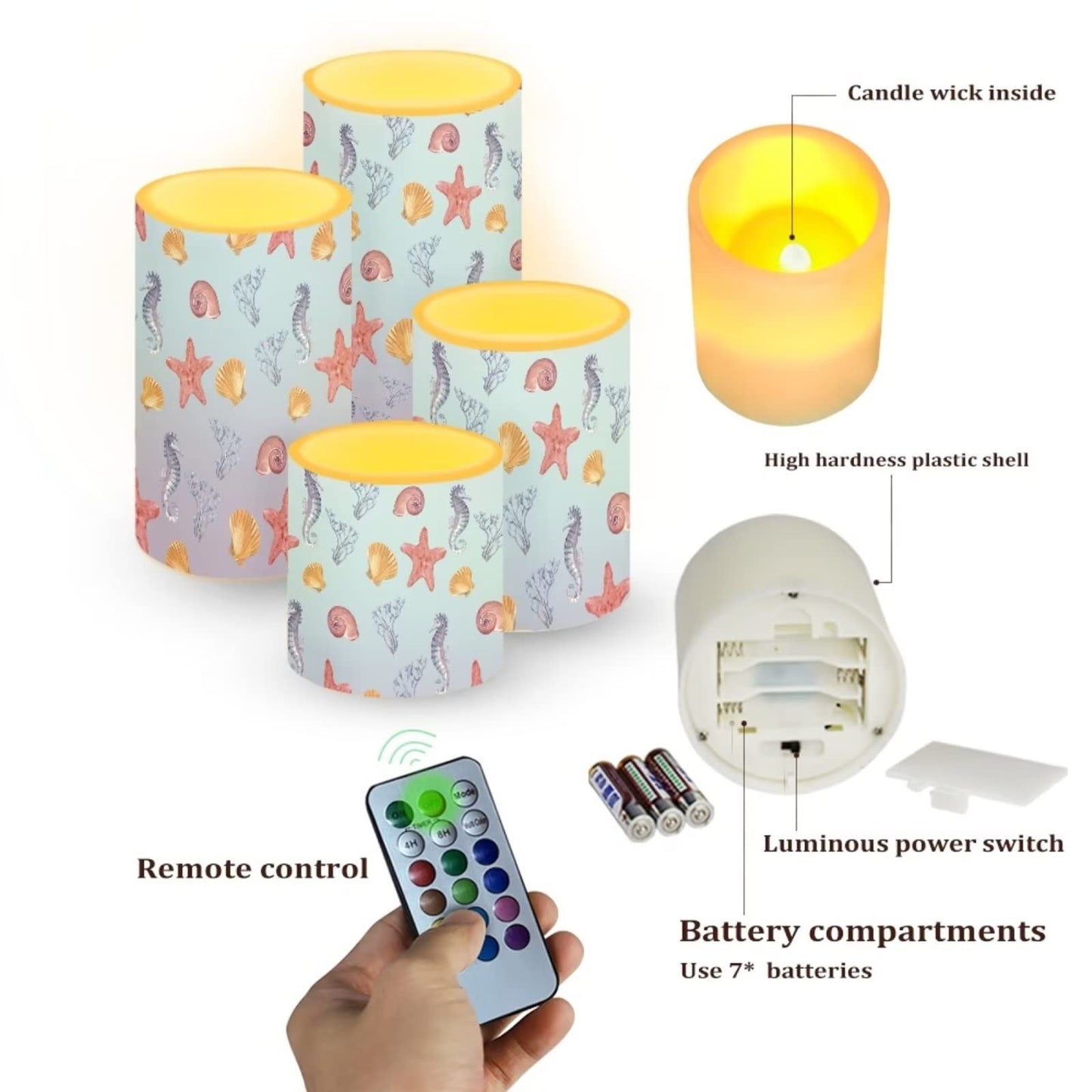 Cozeyat Starfish Design Candles 4 Packs,Electric Real Wax Pillar LED Tealight with Remote and Timer,Flickering Ivory Wax Pillar Moving Candles,Home Party Decoration