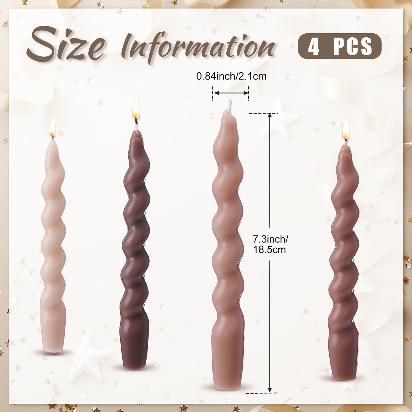 Zhengmy 4 Pcs Gradient Khaki Spiral Taper Candle 7 Inch Twisted Long Wax Dinner Candlestick for Fall Halloween Christmas Holiday Valentines Wedding Birthday Baby Shower Table Decor(Solid)