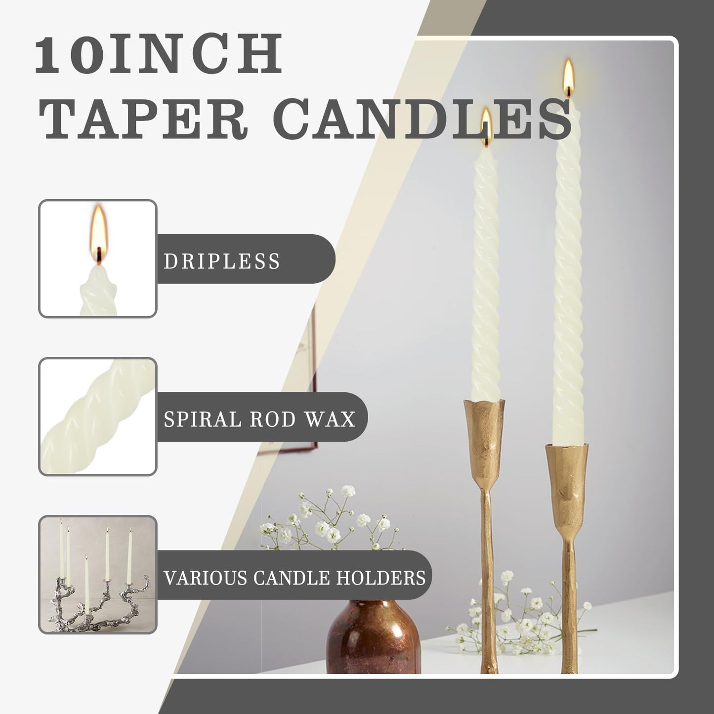 WPONSZU 10 Inch Ivory Spiral Taper Candle Set of 12 Pack Unscented Dripless Candlesticks for Valentine's Day,Dinner,Party,Brithday,Wedding,Christmas,and Home Decoration