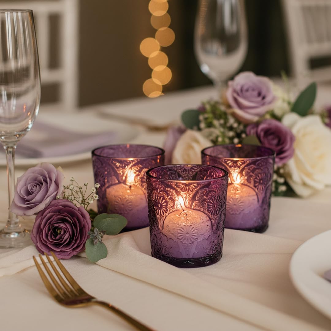 12 Pack Mandala Embossed Glass Candle Holders – Votive Tealight Holders with Patent Design, Decorative Embossed Glass Cups for Wedding Centerpieces, Parties, and Home Décor (Crystal Clear)