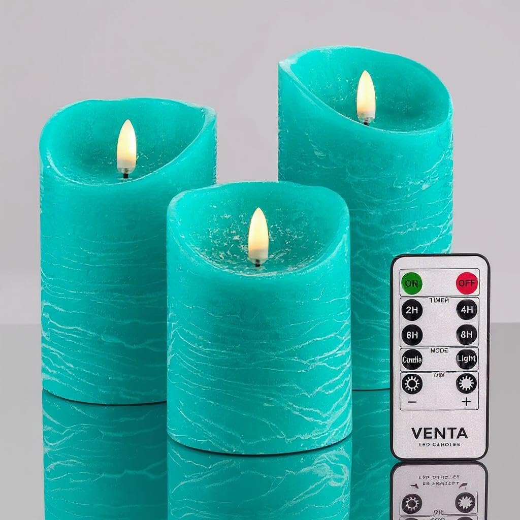 VENTA Turquoise Real Wax Flameless Candles, Set of 3 | Realistic Teal LED Pillar Candles with Remote & Timer | Perfect for Coastal, Beach House & Nautical Decor
