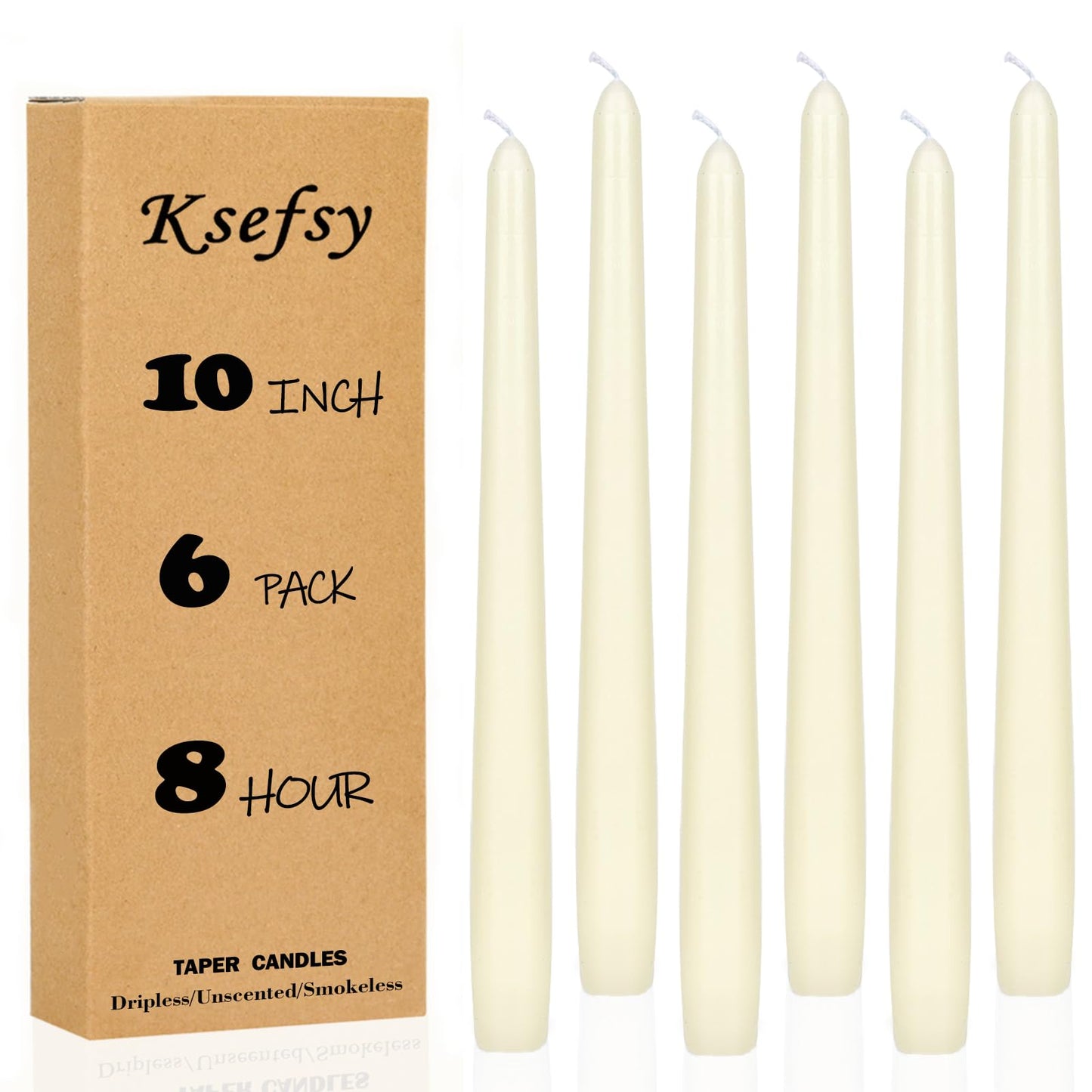 Dripless Unscented Taper Candles, 10 Inch Ivory 6-Pack – 8 Hour Long Burn by Ksefey, Perfect for Wedding Decor, Dinner Parties & Cozy Evenings