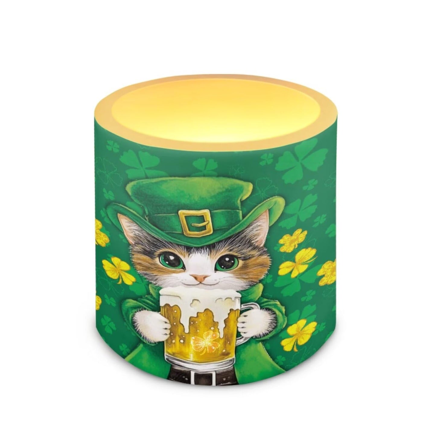 Merkmak St Patrick's Day Flameless Candles with Remote Battery Operated LED Pillar Candles with Timers Tea Lights for Party Home Living Room Decor, Cat Shamrocks Print