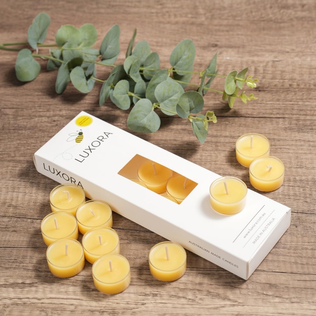 10pc Australian Made Pure Beeswax Tea Lights, 100% Organic Pure Beeswax Tea-Light Candles, 4hr Burn Time, Natural Tealight Candles Stress Relief Gifts for Women, Non Toxic Organic Tealights